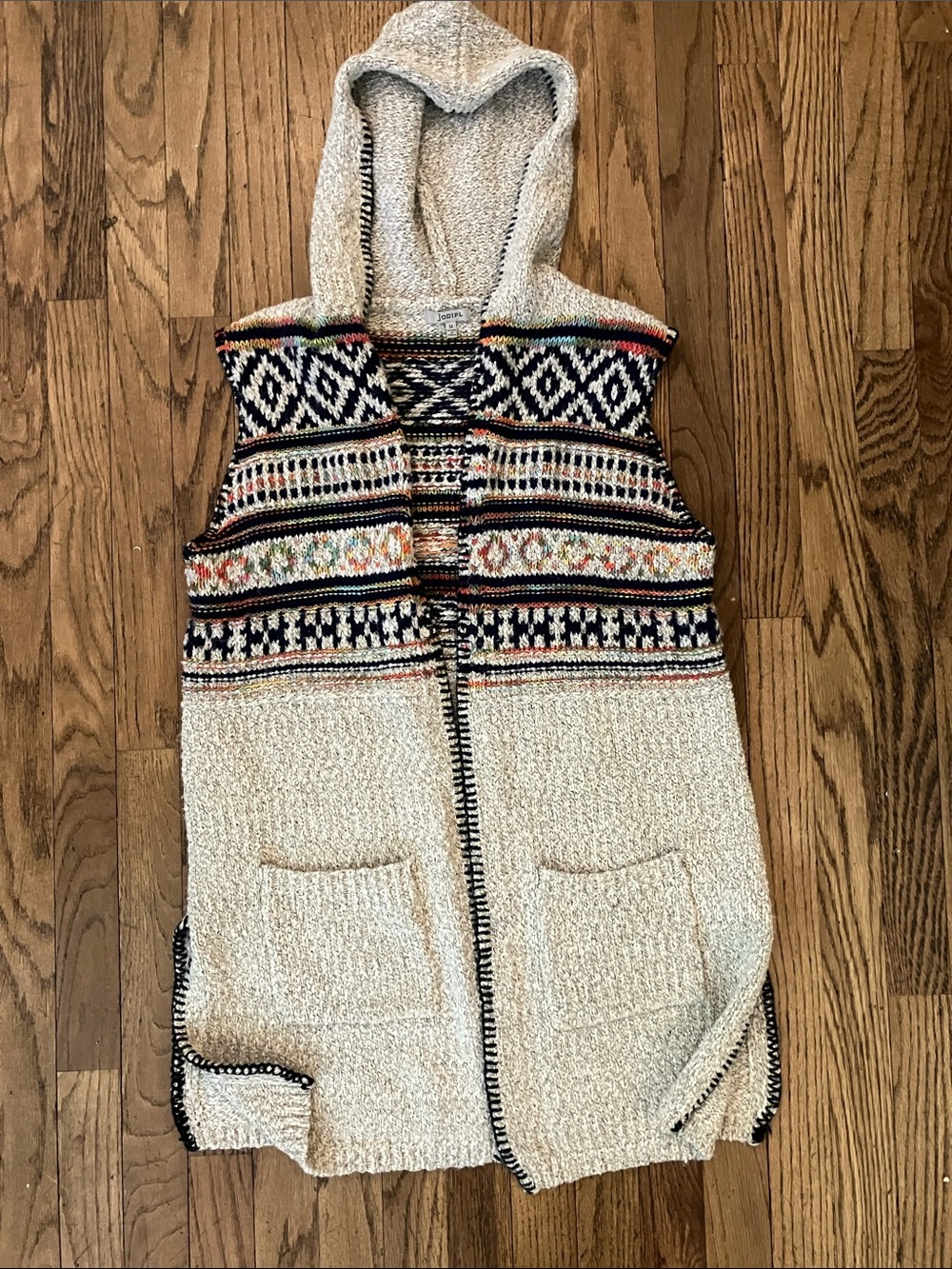 JODIFL Hooded Cream Knit Sweater Vest with Multicolor Aztec Fair Isle